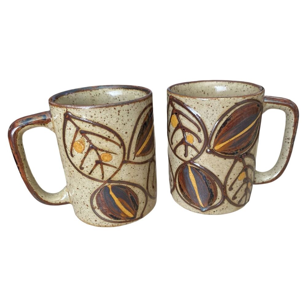 Vintage Stoneware Coffee Mugs Pair Hand Painted Leaf Design 1970s Retro Boho